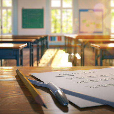 Classroom with books and pencils on wooden table. Blurred backgroundの素材