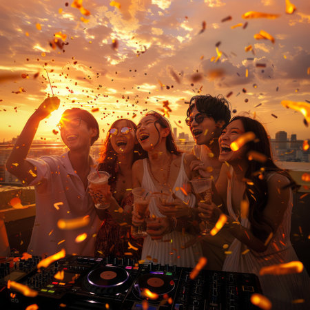 Group of friends having party on the rooftop with confetti in the airの素材