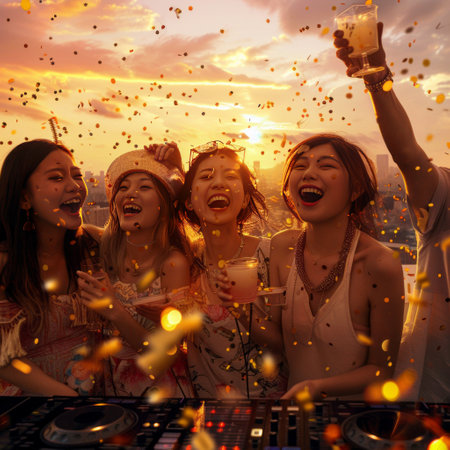 Group of young people having fun at a music festival, dancing and drinking beer.の素材