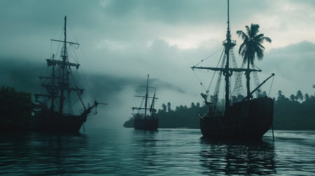 Pirate ship on the sea in the fog. Vintage style.の素材