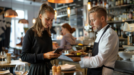 Waitress in a cafe with a customer using a mobile phone.の素材