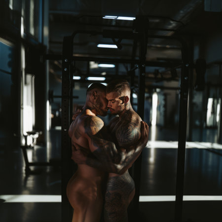 Tattooed muscular man and sexy woman embracing in fitness centerの素材