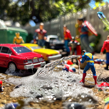 Lego minifigures play in the rain on the street.の素材