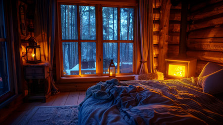 Beautiful winter night in the country house. Comfortable bed with pillows.の素材