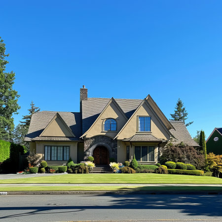 Suburban house on a sunny day with blue sky. Northwest, USAの素材
