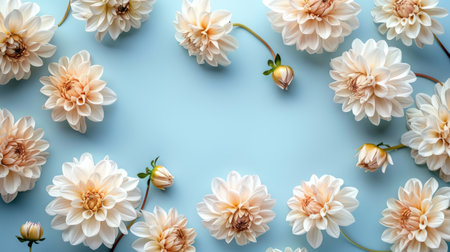 Flowers composition. Frame made of white dahlia flowers on blue background. Flat lay, top view, copy spaceの素材