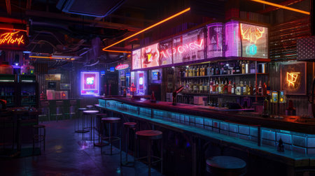 Night view of a bar with neon lights in a night club.の素材