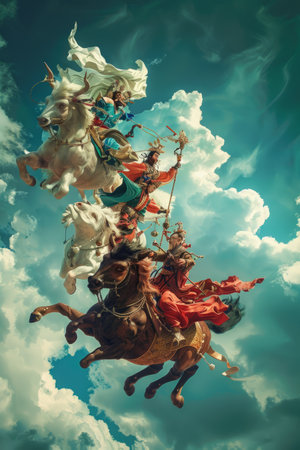 Three wise men on horseback in clouds. 3d illustration.の素材