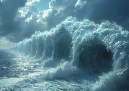 Beautiful seascape with ocean waves. 3D illustration.の素材