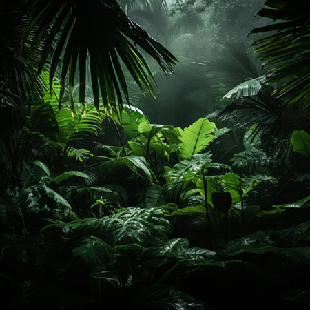 Tropical rainforest with palm trees and leaves. Dark toneの素材