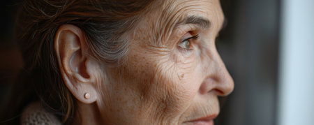 Close up portrait of senior woman with grey hair looking at the windowの素材