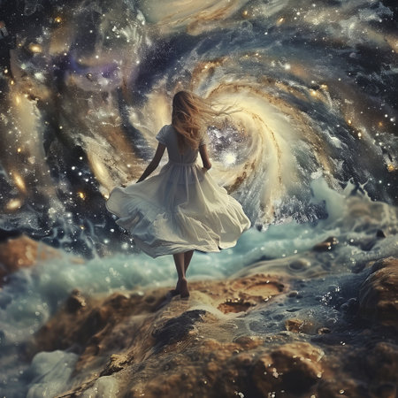 Girl in a white dress on the background of a cosmic landscape.の素材