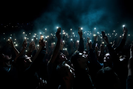 Silhouettes of cheering crowd at a live music concert on stageの素材