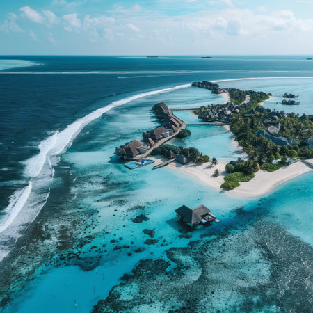 Aerial view of tropical island with beach and sea in Maldivesの素材