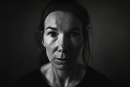 Black and white portrait of a sad woman with tears on her faceの素材