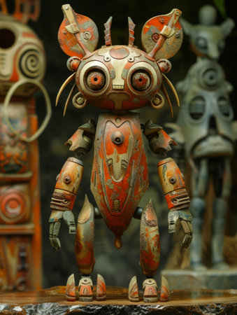 Vintage robot made of wood, closeup of photo with shallow depth of fieldの素材