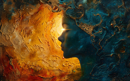 Double exposure portrait of beautiful woman with creative make-up. Space background.の素材