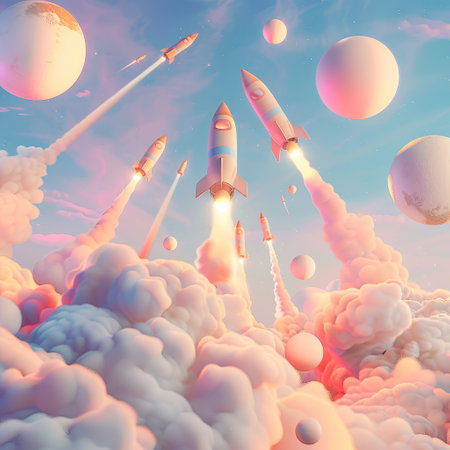 Rocket in the sky. 3D illustration. Retro style toned image.の素材