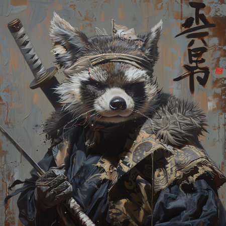 Raccoon, a Japanese samurai, in front of a rusty metal wallの素材