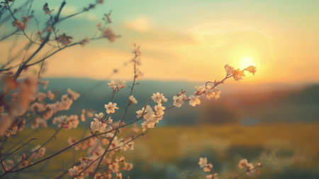 Cherry blossoms in the spring at sunset. Vintage style.の素材