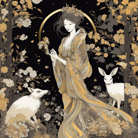 Illustration of a beautiful woman in the forest with wild animals.の素材