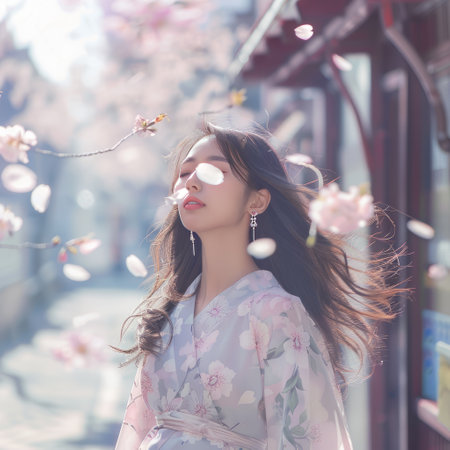 beautiful asian woman with cherry blossom in japanese styleの素材