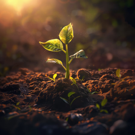 Green sprout growing from seed in the morning light. New life conceptの素材