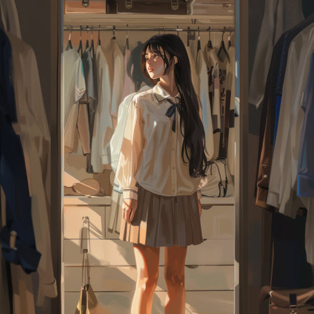 Beautiful young brunette woman in white blouse and skirt standing in the wardrobe.の素材