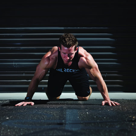 Muscular man doing push-ups on the floor in a gymの素材