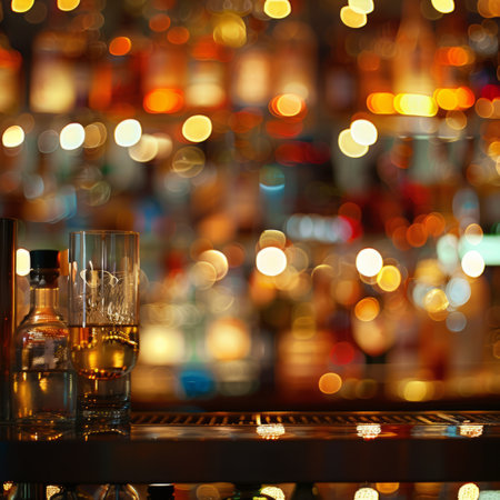 Bottle of whiskey on the bar counter with bokeh backgroundの素材