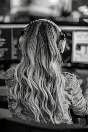 Back view of young woman with long blonde hair listening to music in headphones.の素材