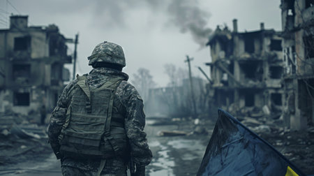 Rear view of soldier standing in front of burned down house.の素材