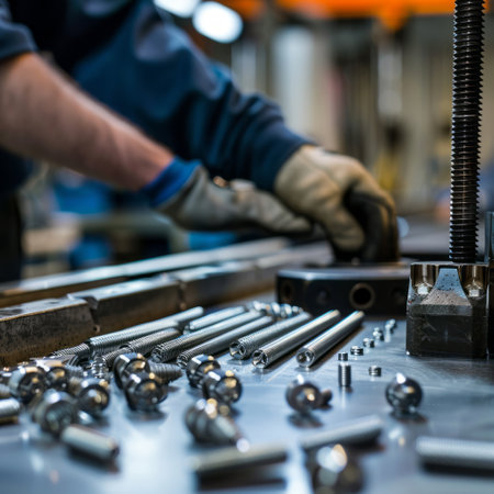 Close-up of the hands of a worker who is working on a metal workpieceの素材