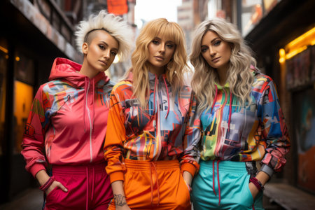Fashionable girls in colorful clothes posing in the city streets.の素材