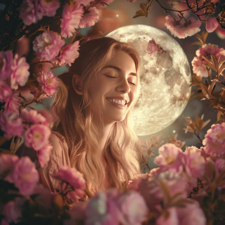 Beautiful young woman with pink flowers and full moon in the backgroundの素材