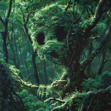 Fantasy green forest with big tree and human skull. 3d renderingの素材