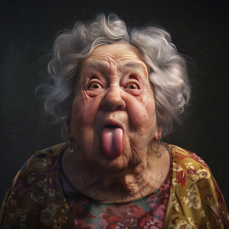 Portrait of an elderly woman with a funny expression on her faceの素材
