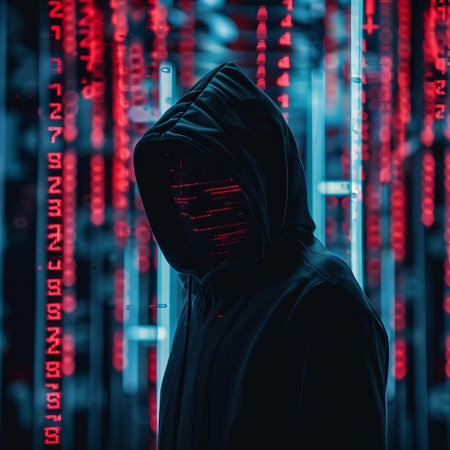 Hacker in hood with binary code on background. Cybercrime conceptの素材
