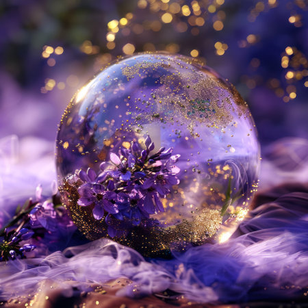 Crystal ball with purple flowers and bokeh lights. Christmas background.の素材