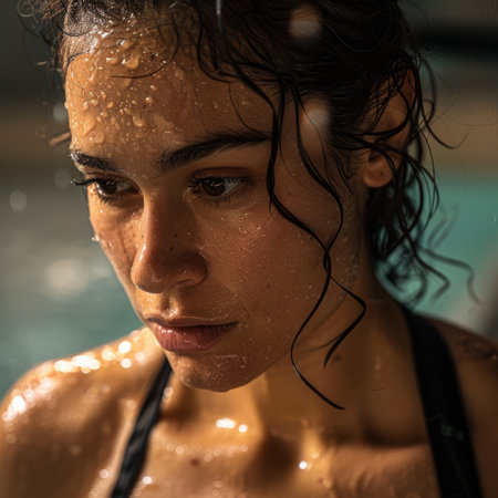 Portrait of a beautiful woman with wet hair in a swimming poolの素材