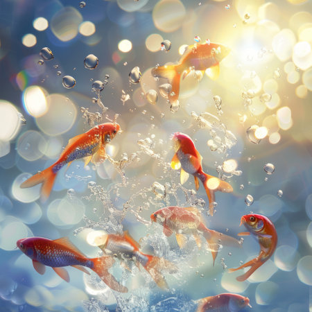 Goldfish swimming in the water with bubbles and bokeh backgroundの素材
