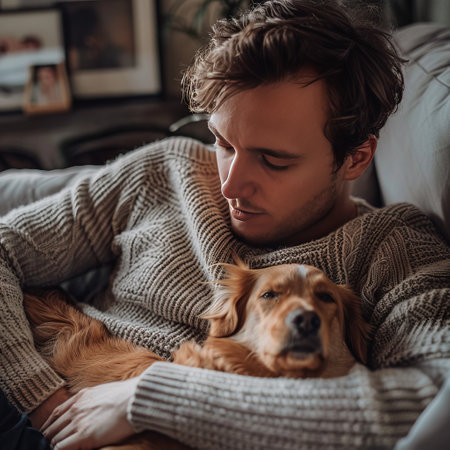 A young man is lying on the sofa with his dog in his arms.の素材