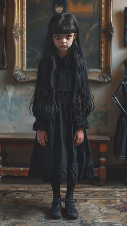 Portrait of a beautiful little girl in a black dress in the interiorの素材