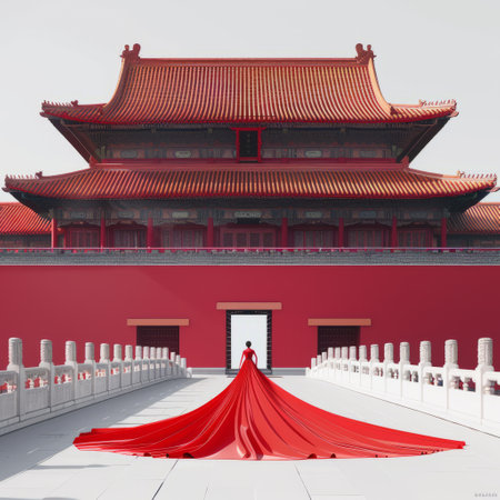 Chinese ancient palace with red cloth in the gate. 3d renderingの素材