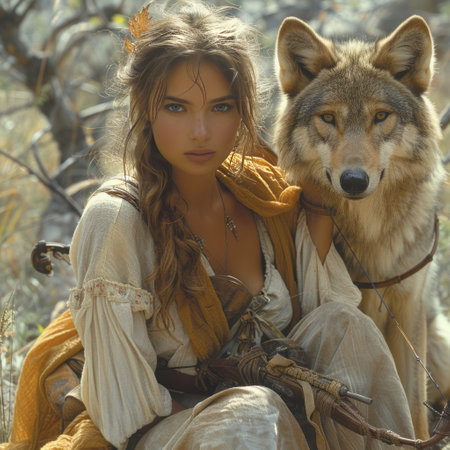 American indian woman with wolf in the forest. Boho style.の素材