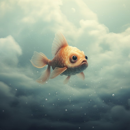 Goldfish in the sky with clouds. 3D illustration. Vintage style.の素材