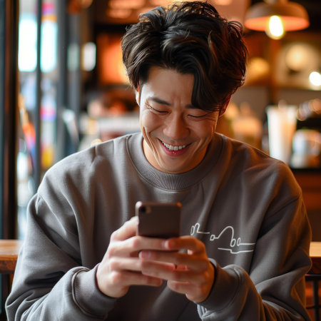 Smiling asian man using mobile phone in a cafe. Close up portrait.の素材