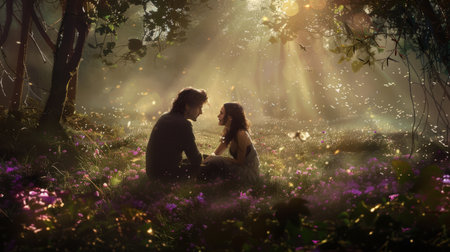 Romantic couple in the forest in the rays of the setting sunの素材