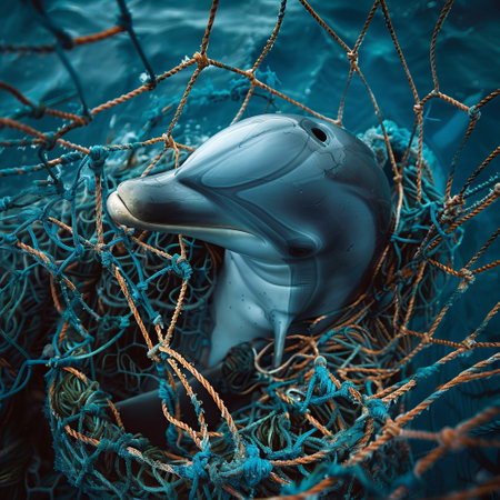 Dolphin in a fishing net. Blue toned. 3d renderingの素材