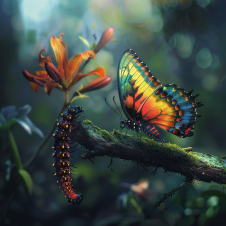 Butterfly and flower in the rainforest. Colorful butterfly on a branchの素材